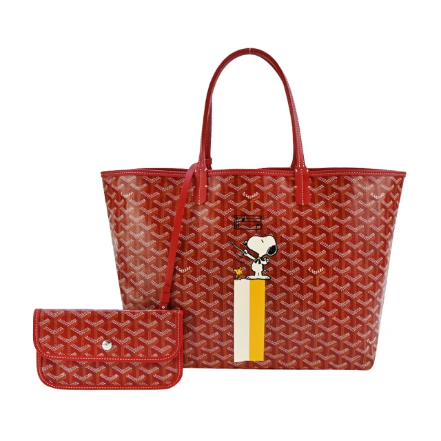 GOYARD 高雅德 SNOOPY 聯名款條紋塗料帆布LOGO子母購物包(小/紅/白黃)