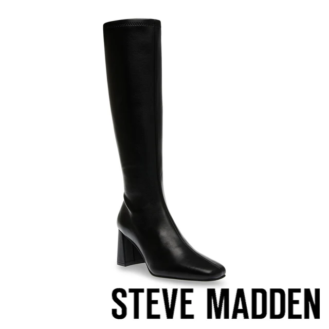 STEVE MADDEN HOLLY 皮革小方頭粗跟長靴(黑色)