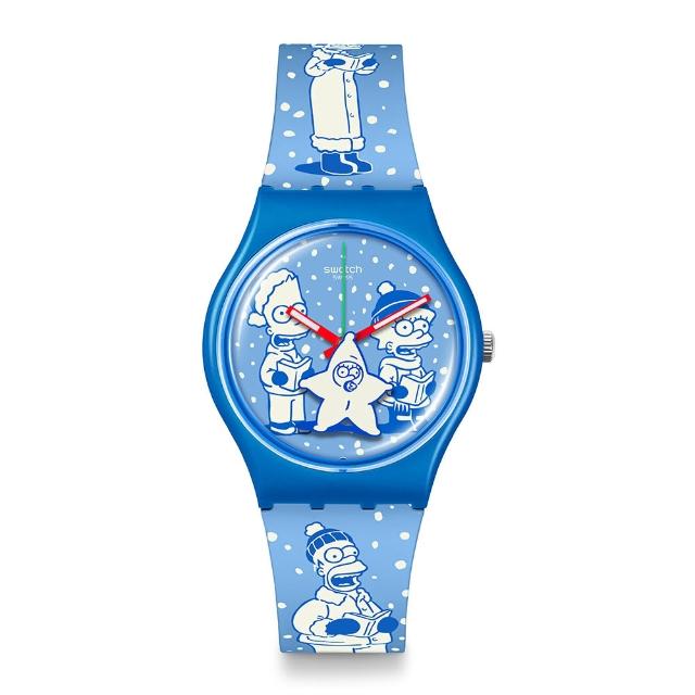 【SWATCH】辛普森家族聯名錶系列手錶 TIDINGS OF JOY 辛普森家族 耶誕錶 藍 Simpsons 瑞士錶 錶(34mm)