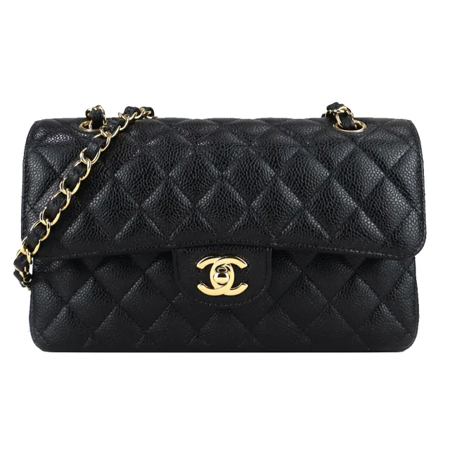 【CHANEL 香奈兒】經典LOGO菱格紋小牛皮鏈帶肩背/斜背包(黑色/23CM)