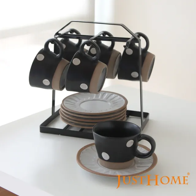 【Just Home】小圓點手刷粗陶6入咖啡杯盤組附收納架(咖啡杯 附禮盒)