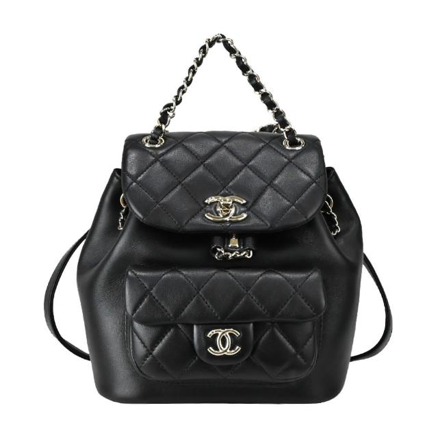 【CHANEL 香奈兒】22A Duma經典金色雙C LOGO菱格小羊皮雙肩後背包(小號/黑色)