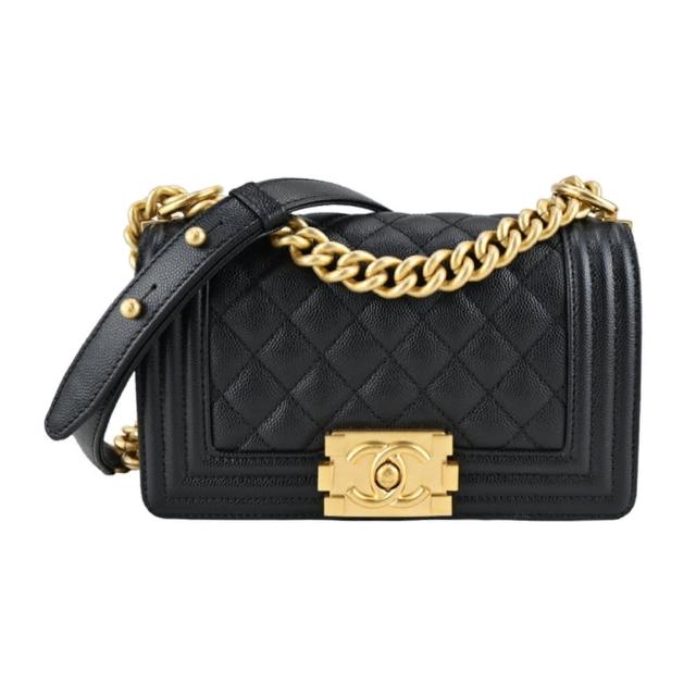 【CHANEL 香奈兒】經典BOY系列荔枝紋小牛皮翻蓋斜背包(黑色)