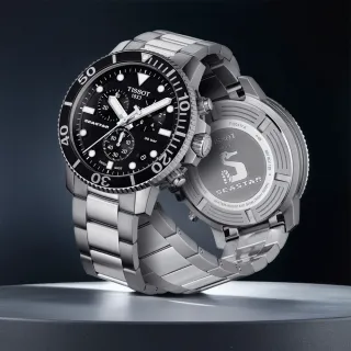 【TISSOT 天梭】水鬼 Seastar 1000 海洋之星300米潛水三眼計時錶-黑x銀/45mm 新年禮物(T1204171105100)