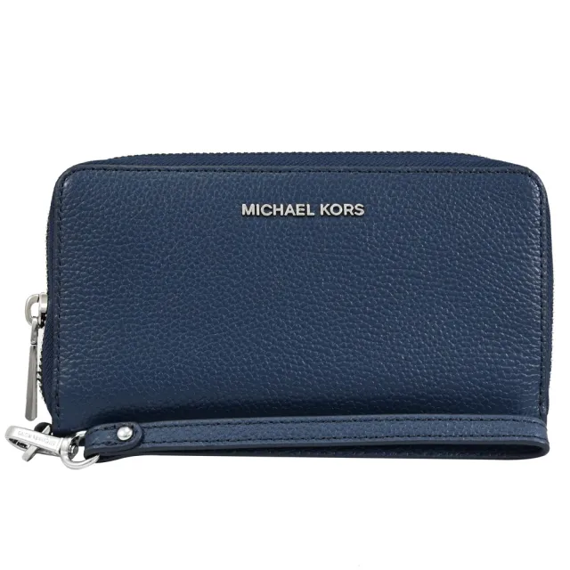 【Michael Kors】簡約經典LOGO荔枝皮革手提式手機袋零錢中長夾(海軍藍)