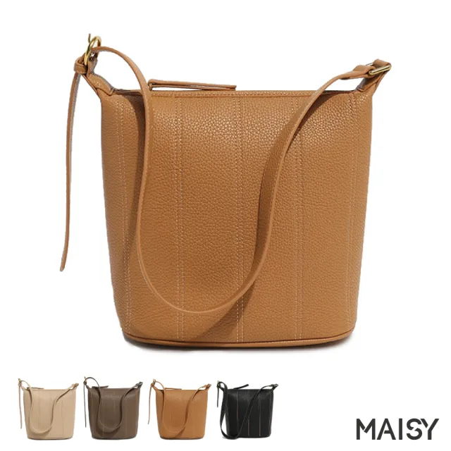 【MAISY】時尚潮流質感軟皮斜肩水桶包(現+預 黑色/土黃色/米色/棕色)