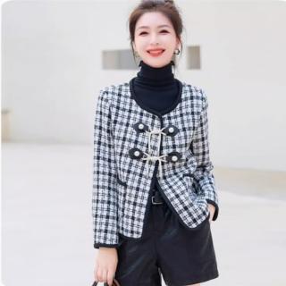 【ONEY 歐妮】★百搭無領格紋短版外套\(長袖上衣/女裝)