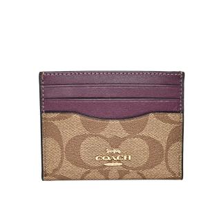 【COACH】PVC Logo一片式證件票卡夾(卡其紫邊)