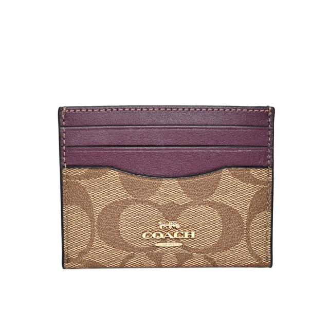 【COACH】PVC Logo一片式證件票卡夾(卡其紫邊)