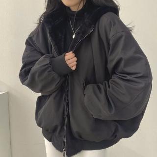 【LANNI 藍尼】★韓版加絨加厚連帽兩面穿保暖棉服女外套(口袋/兩穿/棒球外套)