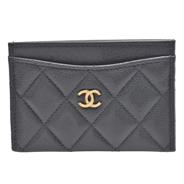 CHANEL 香奈兒 經典菱格粒紋牛皮雙C LOGO金釦萬用信用卡夾(灰色AP0213C-GRAY-GP)