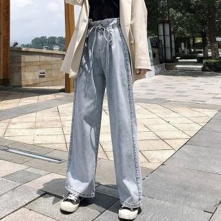 【D.studio】韓版高腰寬鬆花苞直筒腰牛仔寬褲(褲子 長褲 休閒褲 女裝 高腰褲 牛仔褲 拖地褲 P110)