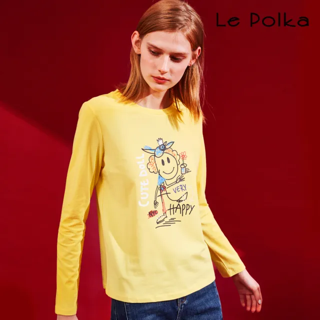 【Le Polka】可愛手繪娃娃印花棉T-女