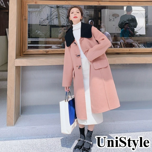 UniStyle 毛呢長袖外套 韓版歐妮風加厚撞色中長款大衣