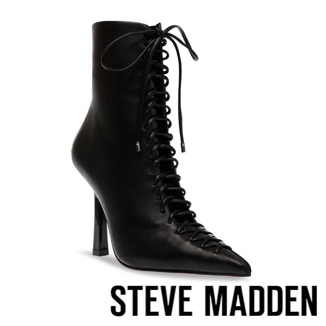 【steve madden】KURTSY 真皮尖頭綁帶細跟短靴(黑色)