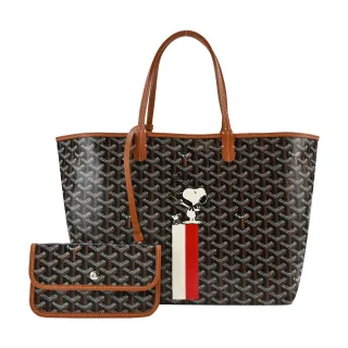 【GOYARD 高雅德】SNOOPY 聯名款條紋塗料帆布LOGO子母購物包(小/黑棕/白)