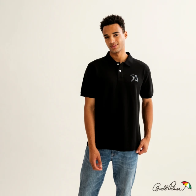 Arnold Palmer 雨傘 男裝-左胸線條品牌LOGO刺繡POLO衫(黑色)