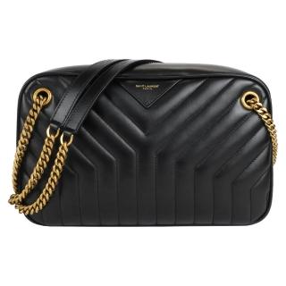 【YSL】素面牛皮V字縫線鏈帶肩背/相機包(黑金)