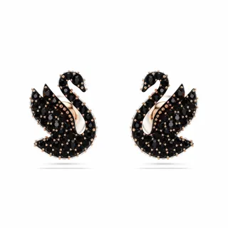 【SWAROVSKI 官方直營】Swarovski Swan 耳釘 天鵝 黑色 鍍玫瑰金色調