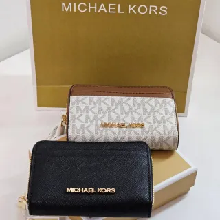 【Michael Kors】MICHAEL KORS 拼接皮革拉鍊零錢卡片包兩色可選防刮黑色/滿版咖白