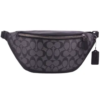 【COACH】紳士風 男士 PVC皮革 雙層 腰包 胸包 肩背包(經典黑灰/大款)