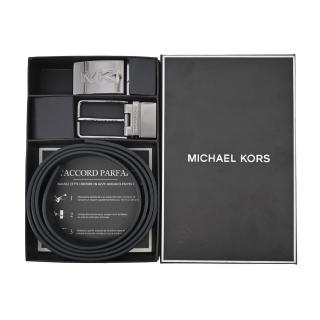 【Michael Kors】大LOGO滿版方牌/針扣雙頭雙面用皮帶禮盒組(深藍)