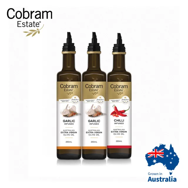 即期品【Cobram Estate】澳洲特級初榨橄欖油250ml風味油三入組-大蒜x2+大蒜辣椒x1(2024/11/4+2025/10/3)