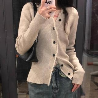 【ONEY 歐妮】★修身V領針織抽鬚毛衣外套(女上衣/長袖/開衫)