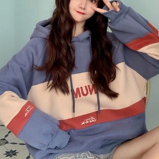 【ONEY 歐妮】★刺繡拼接連帽字母衛衣(女上衣/長袖/帽T)
