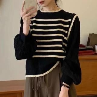 【ONEY 歐妮】★法式假兩件條紋泡泡袖上衣(女上衣/長袖/圓領)