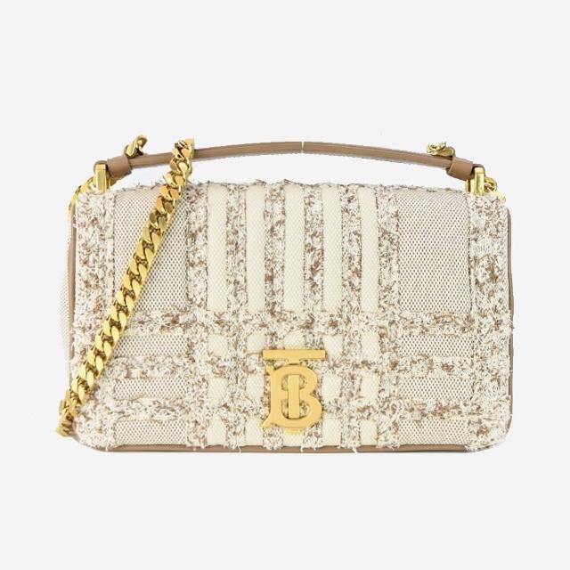 【BURBERRY 巴寶莉】Lola TB金字LOGO格紋絎縫帆布鏈帶小號肩背/斜背包(米色)