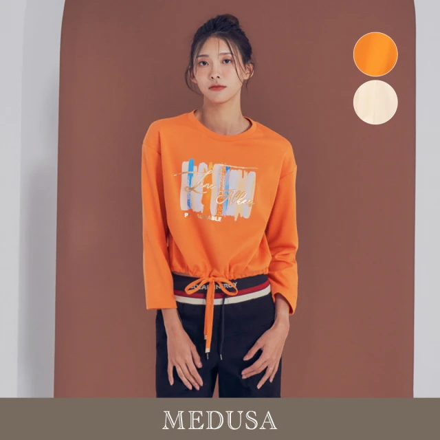 MEDUSA 曼度莎 現貨-燙金草寫抽繩短版Tee（M-XL）｜女上衣 休閒上衣 長袖上衣 冬新品(205-25001)