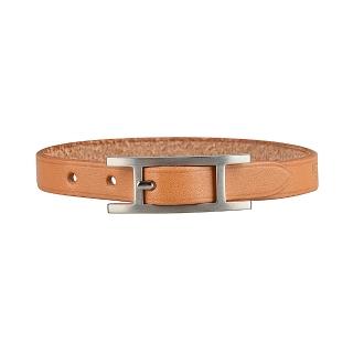 【Hermes 愛馬仕】HERMES 壓印LOGO H型釦全牛皮單圈釦式手環(自然棕x霧銀釦)