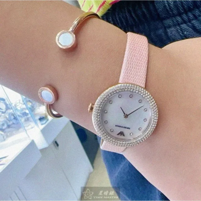 【EMPORIO ARMANI】ARMANI阿曼尼女錶型號AR00058(貝母錶面玫瑰金錶殼粉紅真皮皮革錶帶款)