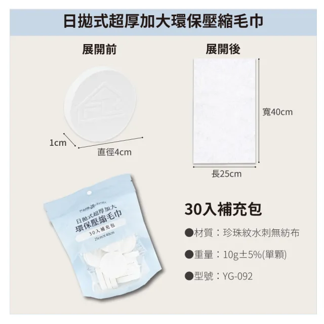 【FL 生活+】30入-日拋式超厚加大環保壓縮毛巾-25x40公分(拋棄式毛巾/壓縮毛巾/旅行/洗臉巾/糖果毛巾)