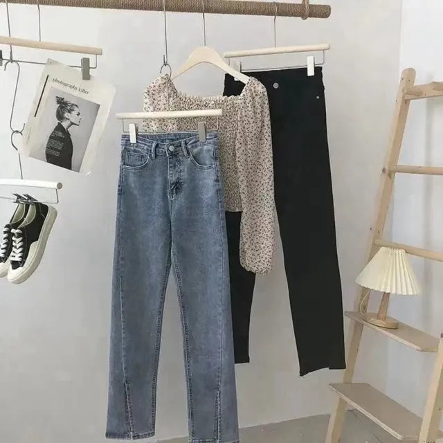 【D.studio】韓版百搭高腰彈性開叉喇叭牛仔褲(寬褲褲子長褲女裝高腰褲牛仔褲拖地褲直筒褲 黑褲 P178)