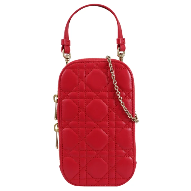 Dior 迪奧 經典CD LOGO絎縫皮紋小羊皮手提包手機包斜背包(紅)