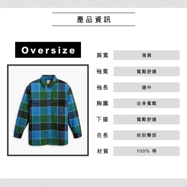 【LEVIS 官方旗艦】Gold Tab金標系列 男 Oversize法蘭絨格紋襯衫外套/內裏全刷毛 成熟感藍綠格紋 熱賣單品