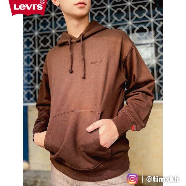 【LEVIS 官方旗艦】男款 復古寬鬆版重磅口袋帽T/精工刺繡Logo/430GSM厚棉 熔岩可可 熱賣單品 A0747-0030