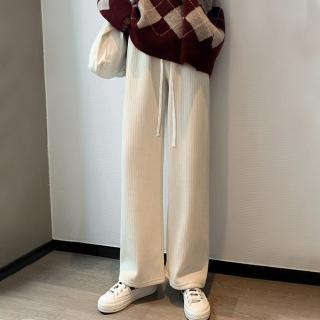 【D.studio】韓版奶油色燈芯絨高腰直筒垂感寬褲(褲子 長褲 休閒褲 女裝 高腰褲 拖地褲 直筒褲 寬褲 P175)