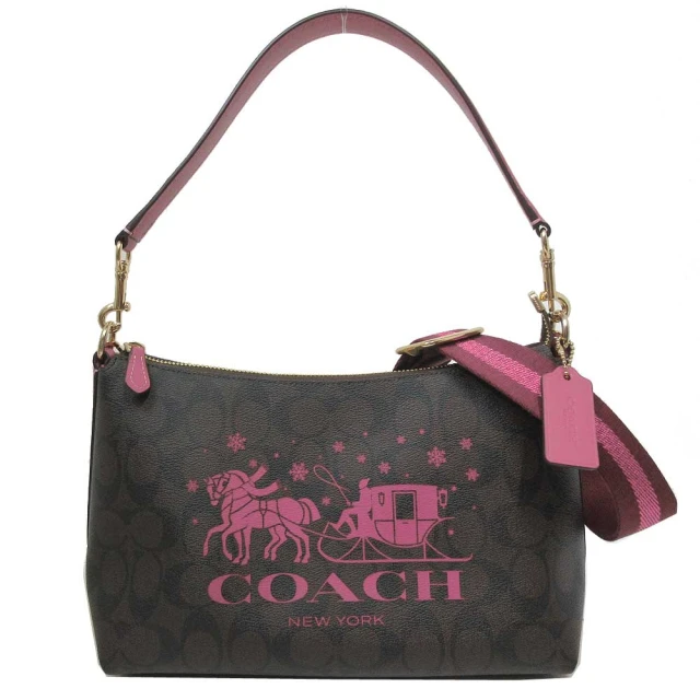 COACH 緹花小C LOGO肩背/手提/手拿包-紅棕優惠推