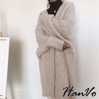 【HanVo】現貨 慵懶寬鬆加厚麻花長版外套(溫柔韓系簡約親膚舒適 韓系女裝 女生衣著 A07-4502)