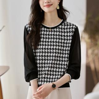 【LANNI 藍尼】★寬鬆拼接七分袖圓領上衣(格紋/長袖/女裝)