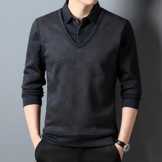 【Heart:W 新職人】★交叉印花假兩件POLO衫(商務/舒適/保暖)