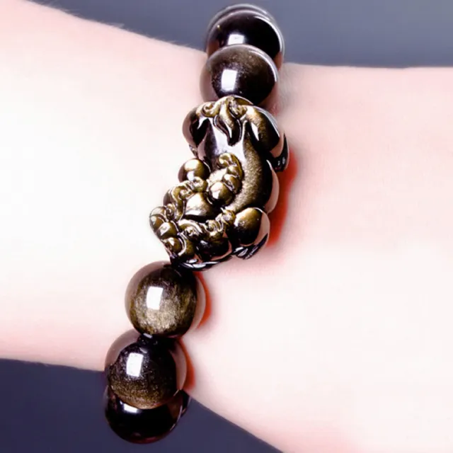 【財神小舖】金曜石貔貅開運手鍊14mm 搶錢(已開光 招財 高雄進寶財神廟 保平安 黑曜石)