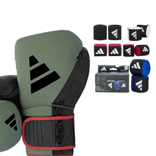 【adidas 愛迪達】Combat 50 綠黑拳擊手套+手綁帶超值組(拳擊 泰拳 格鬥 搏擊 拳套 健身 有氧)