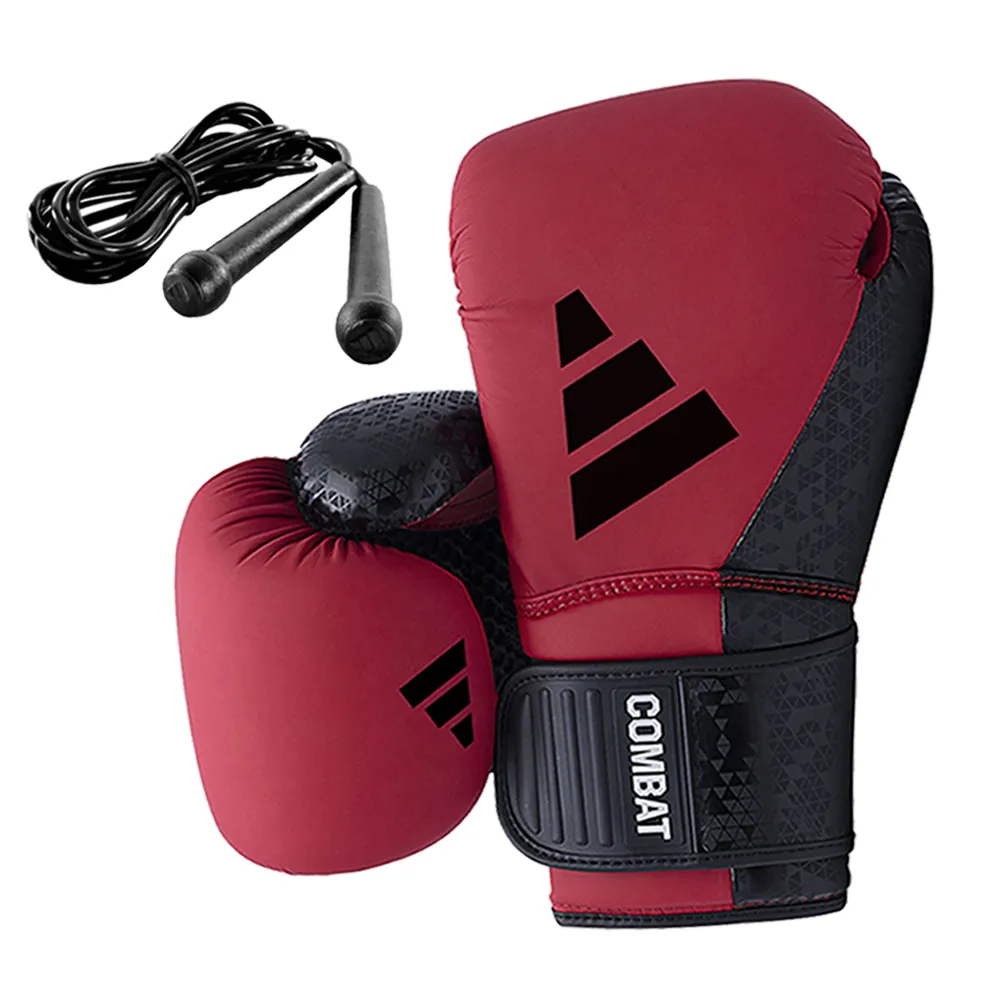 【adidas 愛迪達】Combat 50 紅黑拳擊手套+跳繩超值組(拳擊 泰拳 格鬥 搏擊 拳套 健身 有氧 熱身)
