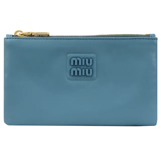 【MIU MIU】簡約經典LOGO皮革信用卡手拿包零錢包簡易短夾(天藍)