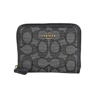 【COACH】COACH復古金馬車LOGO緹花布4卡對折拉鍊短夾(煙黑)