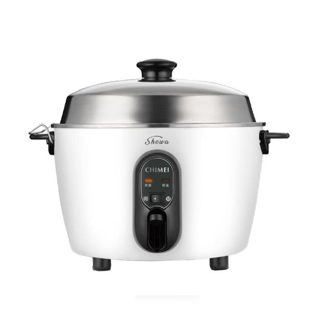 CHIMEI奇美 EP-10MC20 電鍋，10人份大容量設計，適合全家使用。不粘塗層合金內鍋，易清洗且耐用；臺灣原裝製造，BSMI認證安全可靠。尺寸長345x寬314x高279mm，重量僅3.5kg，110V/60Hz，消耗功率600~700W。配件包含蒸架、飯匙、量米杯，1年保固。完美適用於煮飯、蒸菜，提升廚房效率，是最佳家用電鍋選擇。